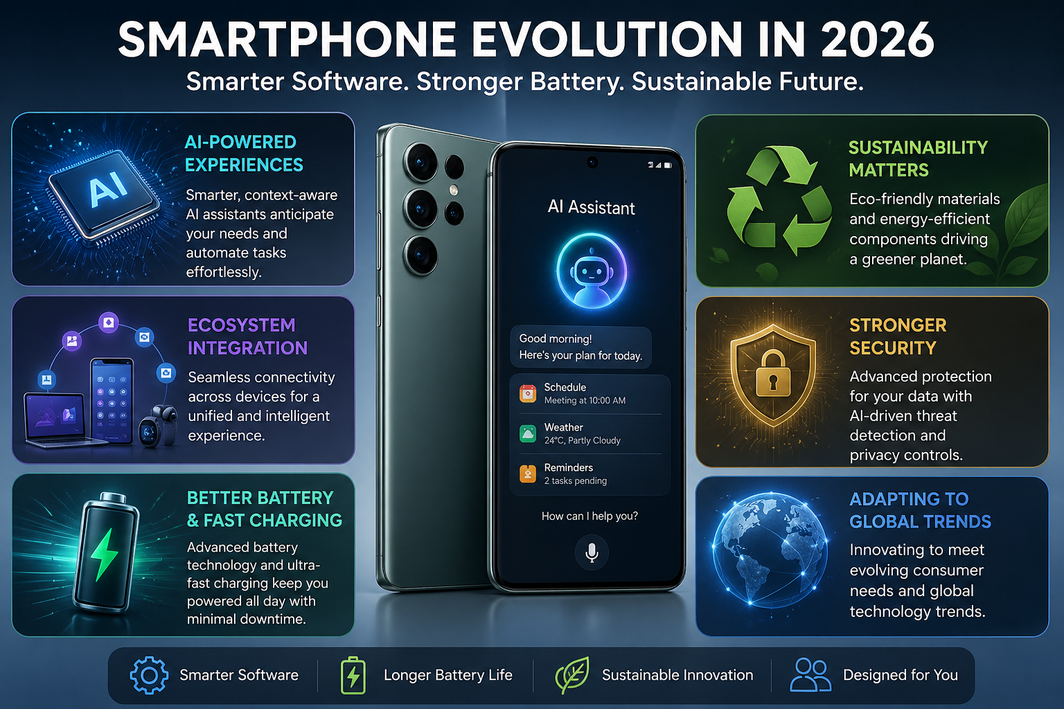 Latest smartphone trends 2026 with AI features fast charging battery and eco-friendly design innovations